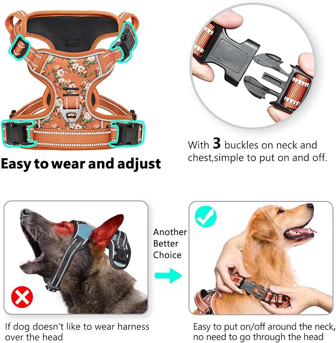 Timos Dog Harness, No Pull Large Sized with 3 Buckles, Flower Orange, XL | Reflective, No Choke, Easy On & Off, Adjustable Soft Padded, Front & Back 2 Clips and Control Handle for Walking Training - Image 2