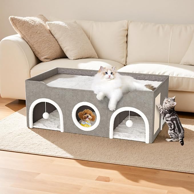 Top Bed Three Rooms Cat Condos,All-in-1 Extra-Wide Cat House for Indoor，Multi Cats Puppy Family, Large Cat Cave for Pet House with Fluffy Ball Hanging and Scratch Pad, Foldable Hideaway - Image 7