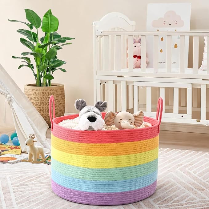 67L Large Rainbow Blanket Basket, Cotton Rope Baby Laundry Hamper with Handles, Kids Toy Basket for Classroom & Nursery, Soft Round Stuffed Animal Storage, Dog Toy Bin - 20"x13", Rainbow - Image 5