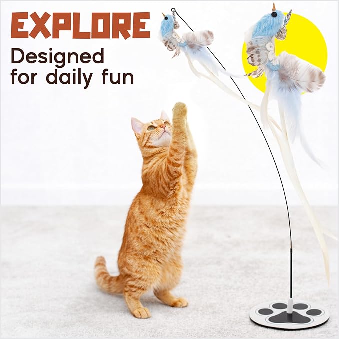Interactive Cat Toys for Indoor Cats: Flying Bird Cat Toy Wand 5 Attachmets | Trigger natural hunting instincts! The no-topple base secures 5 bird feather lures for vigorous, active play. - Image 7