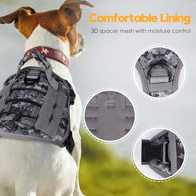 Heavy-Duty Tactical Dog Harness for Large Dogs, No Pull Adjustable Reflective Pet Vest with Molle System, K9 Military-Grade Control for Service Training, Outdoor & 10+ Breeds, Gray Camo, Medium - Image 2