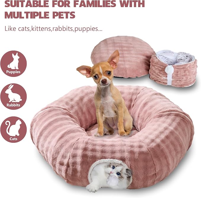Bubble Round Cat Tunnel for Indoor Cats, Dusty Pink | Peekaboo Cave Toy with Dangling Balls, Donut Tunnel Bed with Circle Mat for Puppy Kitten Rabbit - Image 4