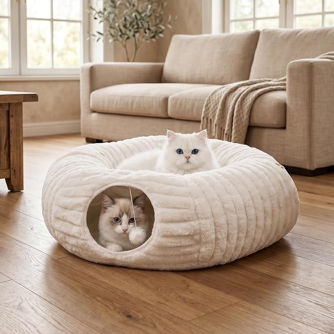 Dogpals Cat Tunnel Bed Cave 33" Lx10 Wx10 H for Indoor Cats (White) | Washable Cozy Cushion, Soft Striped Plush Fabric, Hideaway Peekaboo Cave for Kittens, Puppies, Rabbits & Small Pets by Unknown