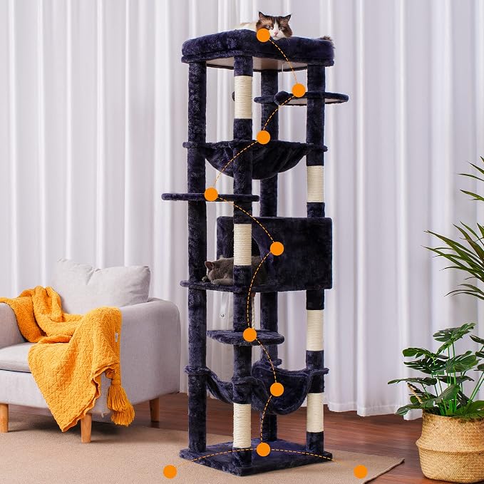 Heybly Cat Tree for Large Cats 20 lbs, 69 inches Cat Tower HCT031G | Heavy Duty Cat Condo for Indoor Cats, Multi-Level Furniture with Big Padded Plush Perch, Cozy Basket, Smoky Gray - Image 3