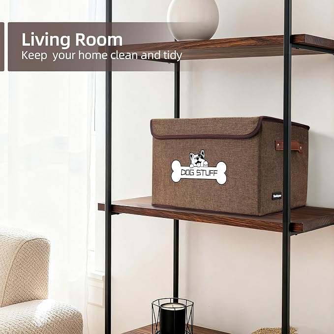 Dog Toy Basket with Lid, Collapsible Box for Pet Accessories | Storage Bin for Living Room, Fabric Container with Handle, Organizer for Small Medium dogs, Coffee - Image 3