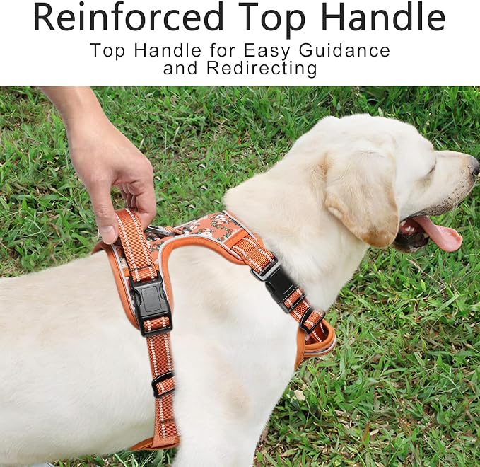Timos Dog Harness, No Pull Large Sized with 3 Buckles, Flower Orange, XL | Reflective, No Choke, Easy On & Off, Adjustable Soft Padded, Front & Back 2 Clips and Control Handle for Walking Training - Image 6