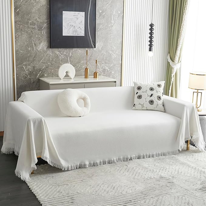 MYSKY HOME Geometrical Sofa Covers, Sectional Couch Covers for 2 Cushion Couch Couch Cover Living Room Sofa Throws Sofa Slipcovers for Pets, Kids (Large, 71" x 102", White) by MYSKYHOME