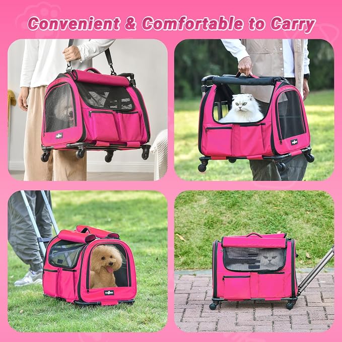 Large Pet Carrier with Wheels, Foldable Rolling Dog Carrier with Big Pocket, Cat Rolling Bag 21"x13"x13" for 2 Cats &Dogs, for Travel, Outdoor, Vet Visits, Camping, Indoor.Pink. (Not for Airline) - Image 7