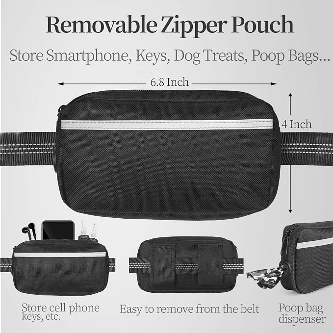Hands Free Dog Leash with Zipper Pouch, Medium, 8-25 lbs, Black | Waist Leash, Dual Padded Handles, Shock-Absorbing Bungee, Adjustable Waist Belt, Walking and Running - Image 3