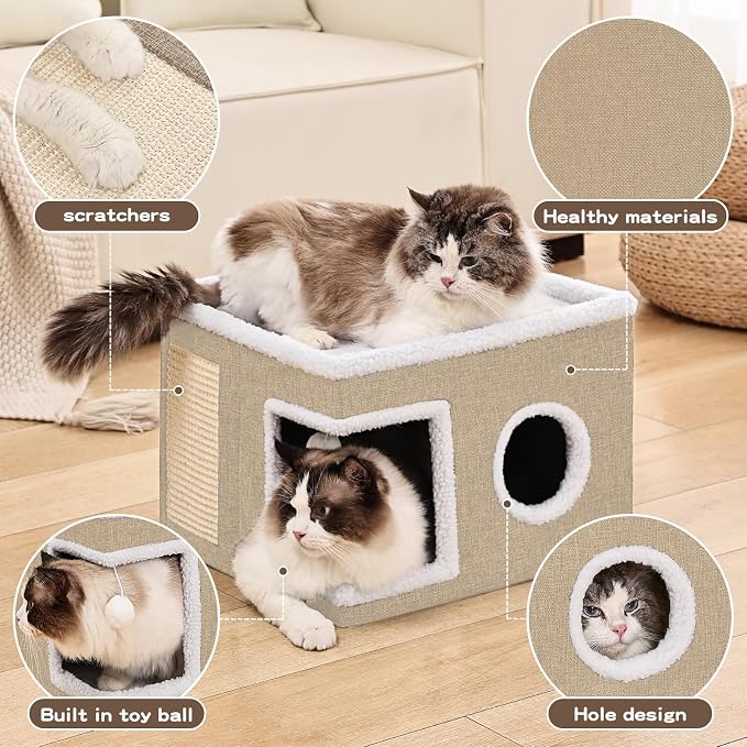 Large Cat Houses for Indoor Cats with Fluffy Ball and Scratch Pad | Foldable Cat Bed Cave for Multiple Pets, Kitten Bed for All Seasons, Non-slip, Hold Up to 30LBS, 16x16x13inch, Khaki - Image 2