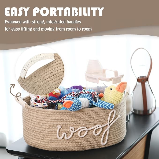 Sea Team Dog Toy Storage Basket with Handles, Beige Woof | Large Cotton Rope Storage Bin, Shelf Basket, Organizer for Pet Chew Toys, Foods, 16.5 x 11 x 7 Inches, 4.4 Gallons - Image 7