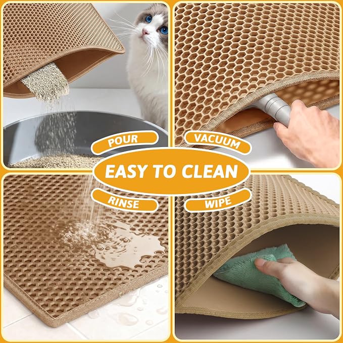 Pieviev Litter Mat, Double-Layer Waterproof Litter Trap, 30" x 24" Brown | Honeycomb Design Catches Scattered Particles to Stop Tracking, Urineproof Base Protects Floors, Easy to Clean - Image 6