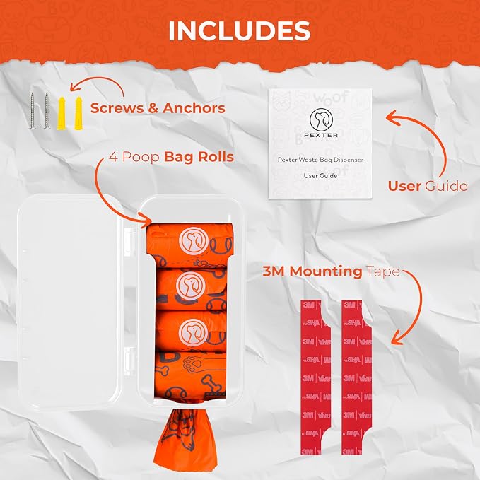 PEXTER Dog Poop Bag Dispenser - Outdoor or Indoor Pet Waste Bag Dispenser Station - Stick-On or Screw-On Wall Mount - Poop Bags Storage Outdoor Container - Includes 4 Doggie Bag Rolls (White) - Image 3