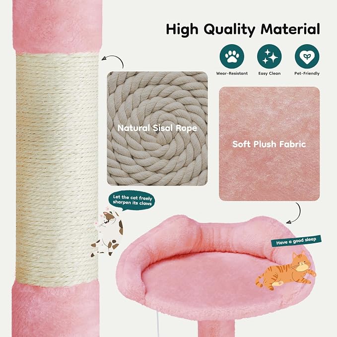 DUMOS 54-inch Cat Tree Tower with Scratching Posts, Indoor Use | Multi-Level Pet House for Large Cats with 2 Condos, Round Platform, Small Ladder and Toys, Pink - Image 3