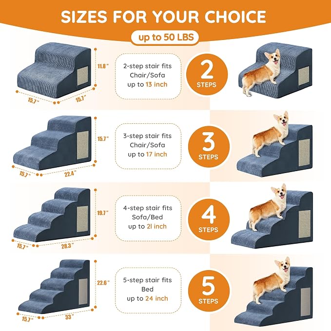 Dog Stairs for Small Dogs 15.7" H, Dog Ramp for Bed, 3-Step, Navy | Dog Steps for Bed, Couch, Pet Stairs with Non-Slip Bottom Design, Cat Scratching,High Density Foam Portable Pet Steps, Indoor - Image 2