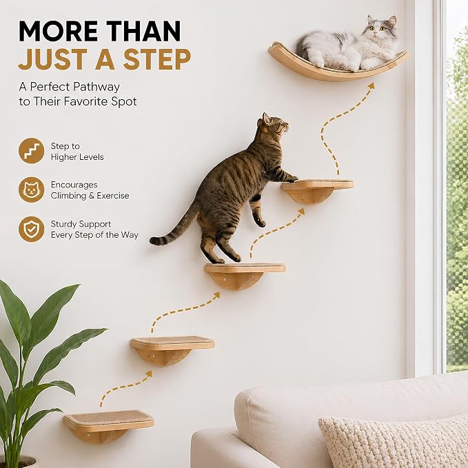 2 Set Wooden Cat Wall Shelves with Sisal Mat, Cat Wall Furniture Steps | 10"L x 9.2"W x 4"H Wall Mounted Cat Stairs, Cats Wall Furniture Steps, Space Saving, for Jumping, Playing & Lounging - Image 5