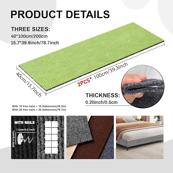 Cat Scratch Couch Furniture Protector from Cat Claws, Green, 78.7x15.8In | Self-Adhesive Cat Scratch Pad Deterrent for Furniture, DIY Climbing Cat Scratcher for Sofa Corners, Walls, Doors-with 20 Pins - Image 3
