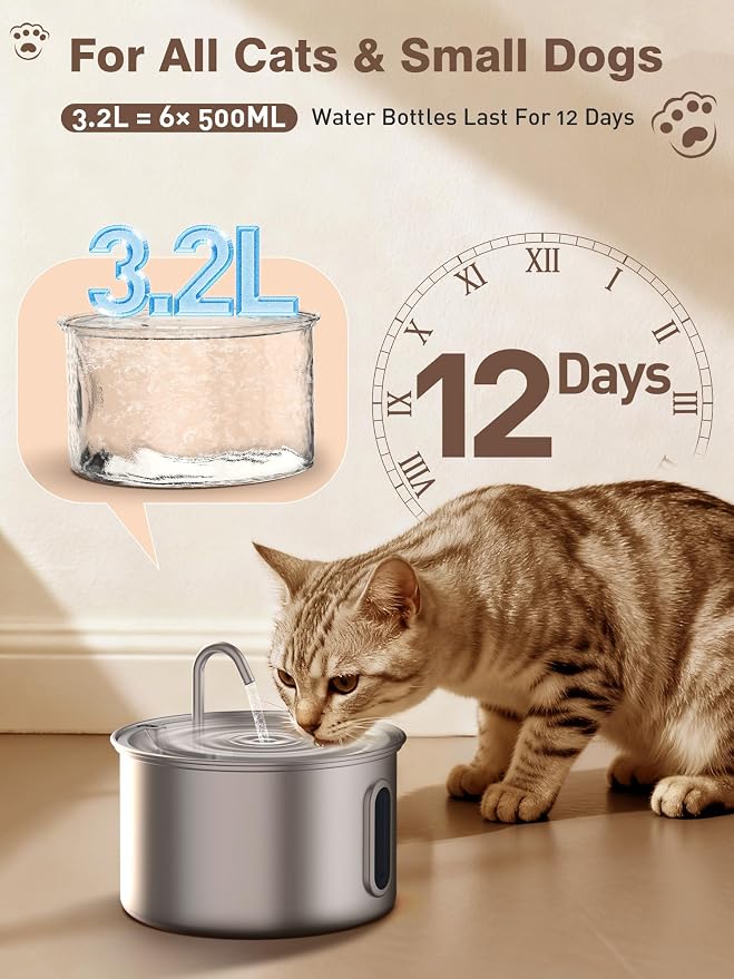 Stainless Steel Cat Water Fountain, 3.2L/108oz Quiet Automatic Cat Water Dispenser, Indoor Pet Spout, Dog Drinking Bowl with 1x Filter & 1x Sponge for Cats/Dogs/Multiple Pets - Silver - Image 2