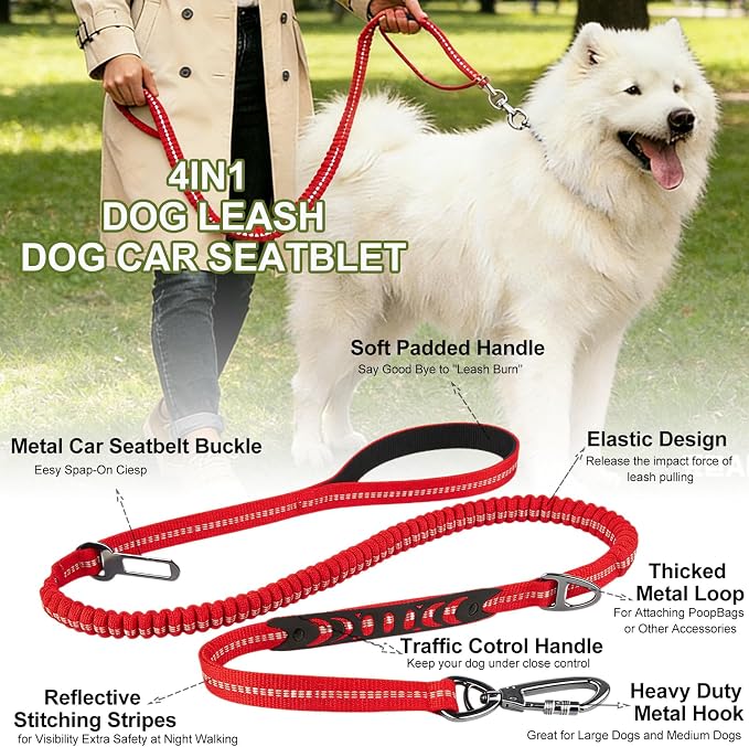 Dog Leash Heavy Duty, Bungee Leash Reflective Car Seat Belt for L Dogs Red | 4-6FT Strong Shock Absorbing Tactical with 2 Padded Handles, Dog Tug Lead for Large XL Dogs Walking Running Training - Image 3
