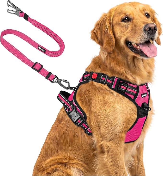 Joytale No Pull Dog Harness & Seat Belt, Easy On 3-Buckle, XL, Hot Pink | Front Clip Reduces Pulling, Escape-Resistant Design, Adjustable Fit, Soft Padding for Comfort, Secure Tether for Safer Travel by Joytale