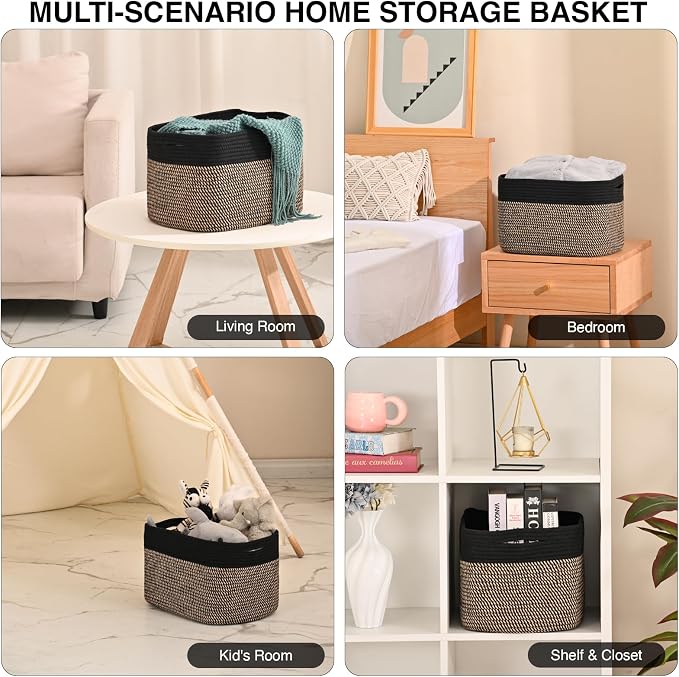 ICERZCZ Woven Cotton Rope Storage Basket for Organizing, Cute Decorative Baskets for Gifts Empty, Organizer Bins for Dog Toy, Baby Laundry, 15“×11”×9.5“, Jute & Black - Image 4
