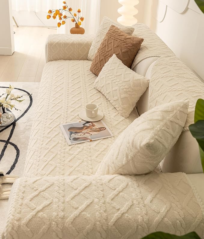 vctops Geometric Jacquard Plush Sofa Couch Covers Farmhouse Neutral Non Slip Sectional Couch Cover Soft Warm Sofa Slipcover for Dogs, Children, Pets Furniture Protector (Cream,28"x28") - Image 5