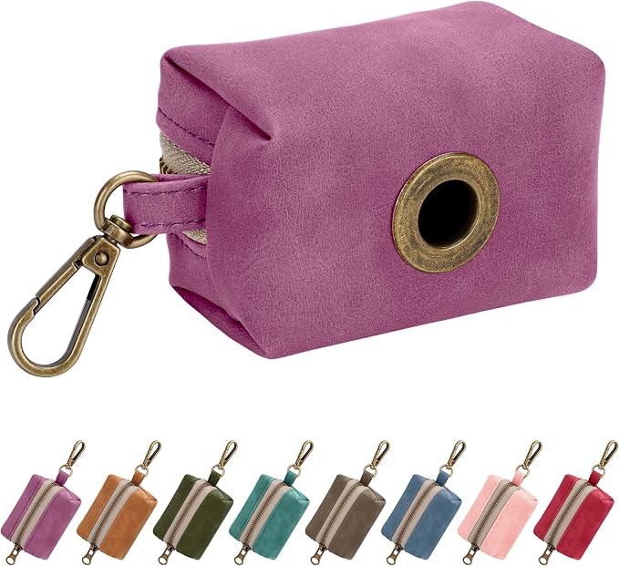 Didog Dog Poop Bag Holder for Leash, Stylish PU Leather, Purplw | Easy Clean for Daily Walking, Quick to Install on Leash & Harness, Easy-Pull with Metal Clip, Includes 1 Roll Pet Waste Bag by Didog