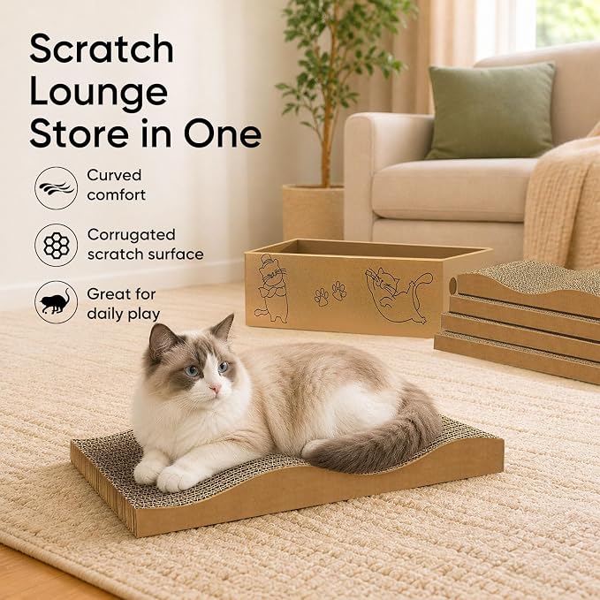 5 Packs Cat Scratcher Set with Storage Box, 2 Wave Lounge Pads + 3 Flat Corrugated Cardboard Scratch Pads for Indoor Cats, Replaceable Scratch Boards to Protect Furniture - Image 7