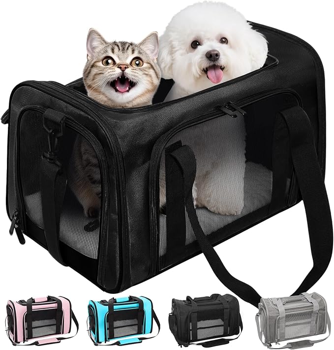 Soft-Sided Cat Carrier 20x13x13 in Expandable Travel Pet Bag 22LBS | For Cats and Small Dogs with Anti-Scratch Mesh Washable Mat Collapsible Escape-Proof Airline Approved with Shoulder Strap by Lowiparr