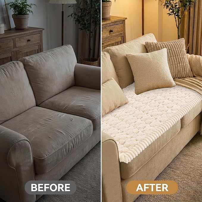 Smiry Non Slip Couch Covers for Dogs, Scratch Resistant Pet Sofa Protector | Machine Washable Soft Fuzzy Thick Furniture Cover for Sofa Loveseat Sectional Large Dogs, Cream, 35.4" x 95" - Image 7