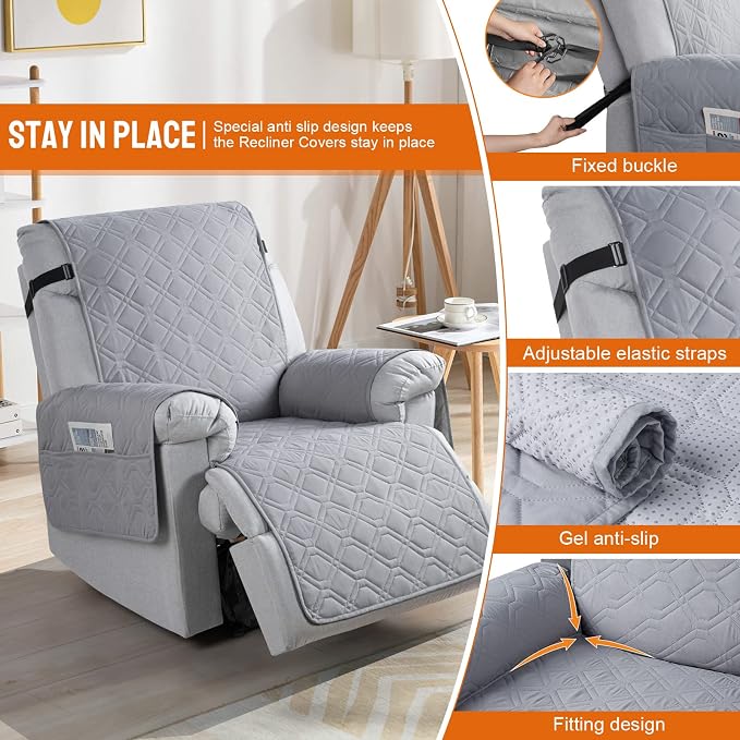 VANSOFY 100% Waterproof Recliner Chair Covers Washable, Light Gray, 30" | Non-Slip, Slipcover with Pocket, Furniture Protector, Elastic Straps, Chair Cover for Pets, Dogs - Image 3