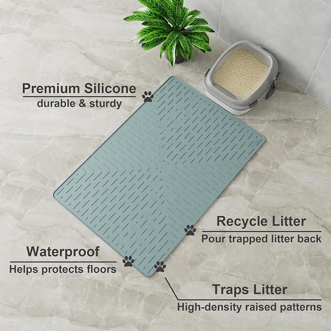XL Cat Litter Mat, 37.5x25.2 Silicone Trapping Mat Light Blue | for Kitty Litter Box, Easy Clean, BPA Free Rubber, Center Litter Collection, Easy Pour-Back, Waterproof, Odor-Resistant - Image 2
