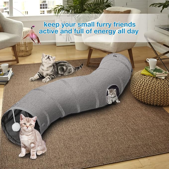 Ownpets S-Shape Cat Tunnel Toy 48"L x 10"D, for Cats, Puppies & Small Pets | Collapsible for storage, tear-resistant oxford fabric, connects to other tunnel, with peek hole, feather wand, indoor/outdoor - Image 2