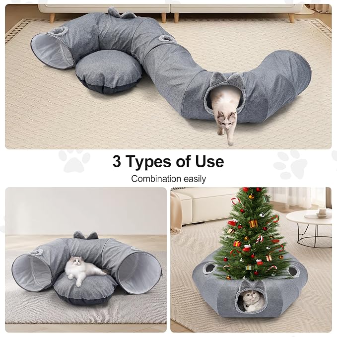 Linen Cat Tunnels with Central Cat Bed, Interactive Cat Toys Detachable Washable Soft Mat Large Indoor Play Tunnel Cave for Kittens and Small Animals - Image 4