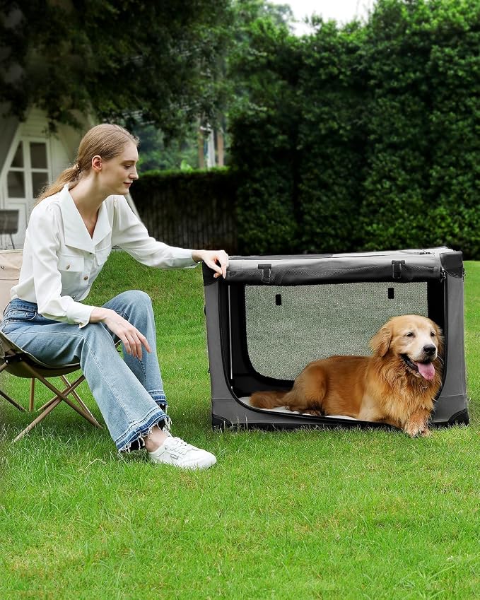 Veraste 33" Soft Collapsible Travel Dog Crate for Medium Large Dogs,Grey | 4-Door Foldable Travel Crate,breathable mesh, foldable with storage bag - Image 4