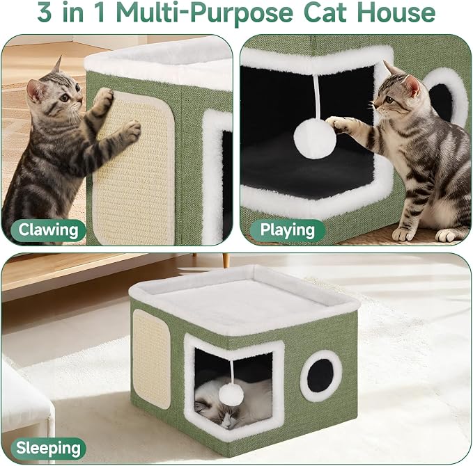 Shikha Cat House Bed for Indoor Cats with Fluffy Ball and Scratch Pad Green | Foldable Large Cat Cave Hideaway with Cozy Condo, Hide and Seek Window, Holds Up to 30LBS, All Season Reversible Cushion - Image 4