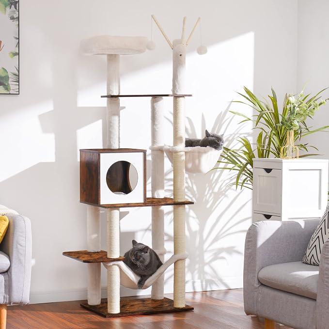 Hey-brother Wooden Cat Tree Tower with Hammock for Indoor Cats, MPJ120SR | 66.14 Inches Modern Scratching Post with Large Condo, Plush Top Platform, Cozy Basket, Bed, Hanging Toys, Rustic Brown - Image 2