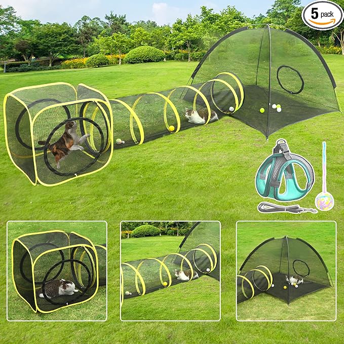 Outdoor Cat Enclosures for Indoor, Portable Mesh Tent, Outdoor pet Tunnel, Cat Playhouse with Adjustable Cat Harness and Leash for Walking, Colorful Tease Ball for Small Animals by Wilwolfer
