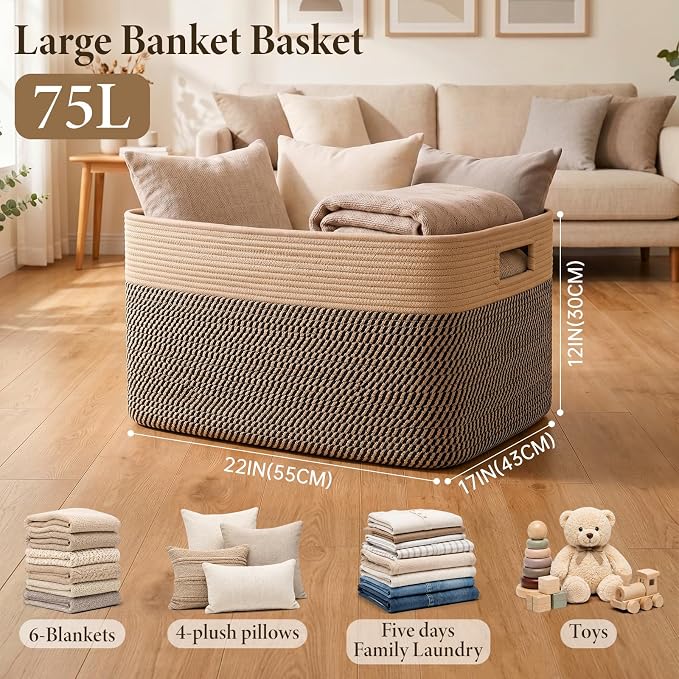75L Large Cotton Rope Basket, Soft Toy Storage Bin for Nursery & Living Room, Decorative Blanket Basket for Bedroom, Baby-Safe Organizer for Pillows &Laundry, 22''×17''×12'', Brown & Black - Image 2