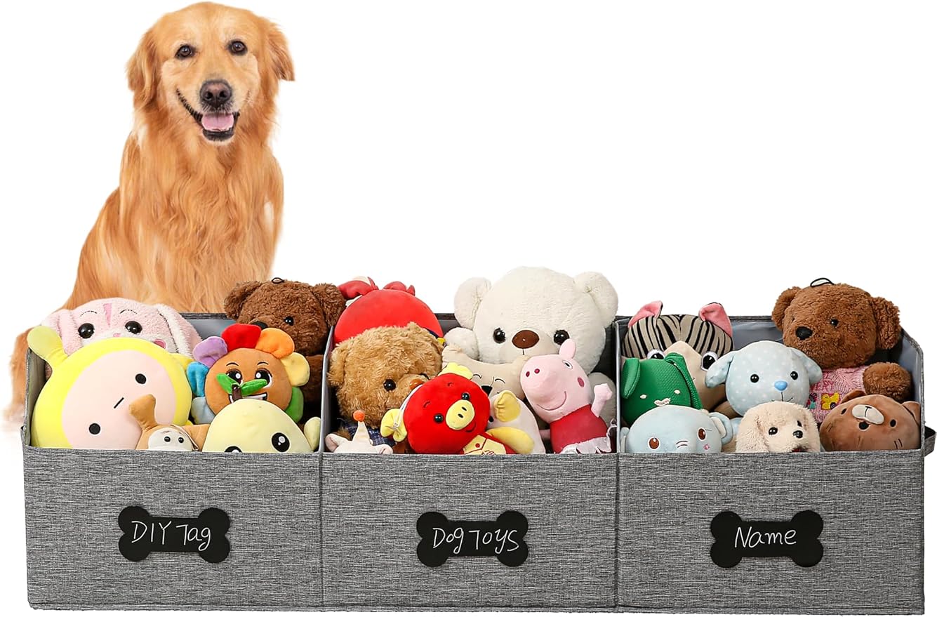 Qozary Large Dog Toy Basket with Diy Tag - Collapsible Dog Toy Bin, Fabric Personalized Storage Box, Trapezoid Storage and Organizer for Pet Supplies (Gray, Extra Large 47"x13.4") by Qozary