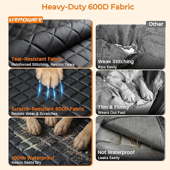 URPOWER Dog Car Seat Cover for Back Seat, Waterproof Hammock for Car & SUV | 600D Oxford, Side Flaps with Zippers, Scratch Resistant, Non-Slip, Easy Install, Machine Washable, Dog Seat Belt Included - Image 3