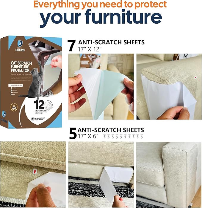Cat Scratch Furniture Protector, 12-Pack Double-Sided Couch Protector from Cat Claws — Sticky Anti-Scratch Training Tape Sheets for Sofa, Door & Corner, Clear Cat Deterrent - Image 7