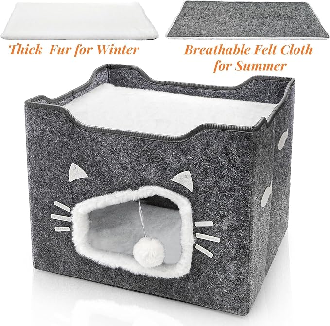 Cat House for Indoor Cats with Cushion Pad and Fluffy Ball | Large Foldable Covered Cat Bed, Cute Cat Cave Cat Condo Hideaway for Pet Cats, Multi Small Pet, Grey - Image 4