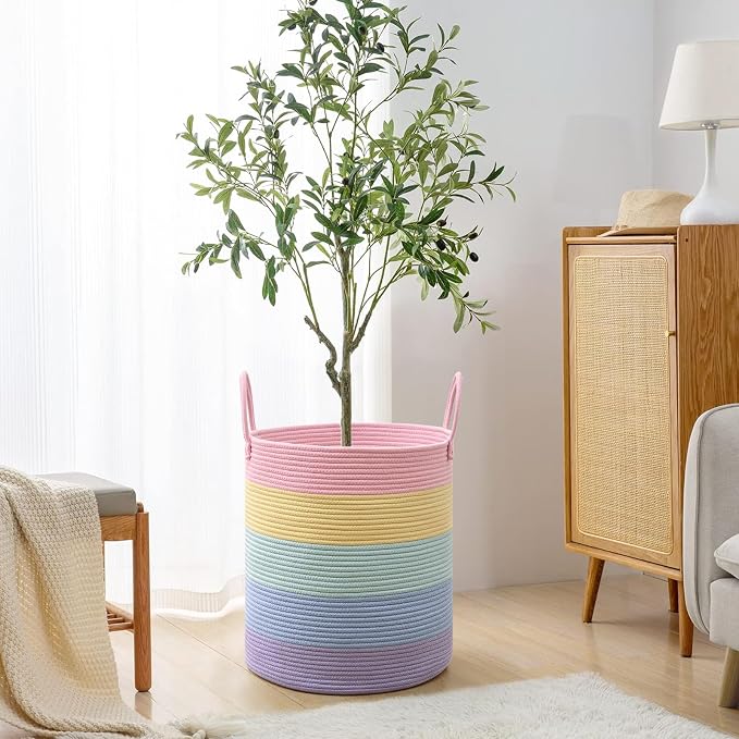 Laundry Hamper for Organizing, 52L Large Laundry Baskets, Cotton Rope Woven Blanket Basket, Collapsible Laundry Hamper for Living Room, Nursery, 15"×18", Light Rainbow - Image 4