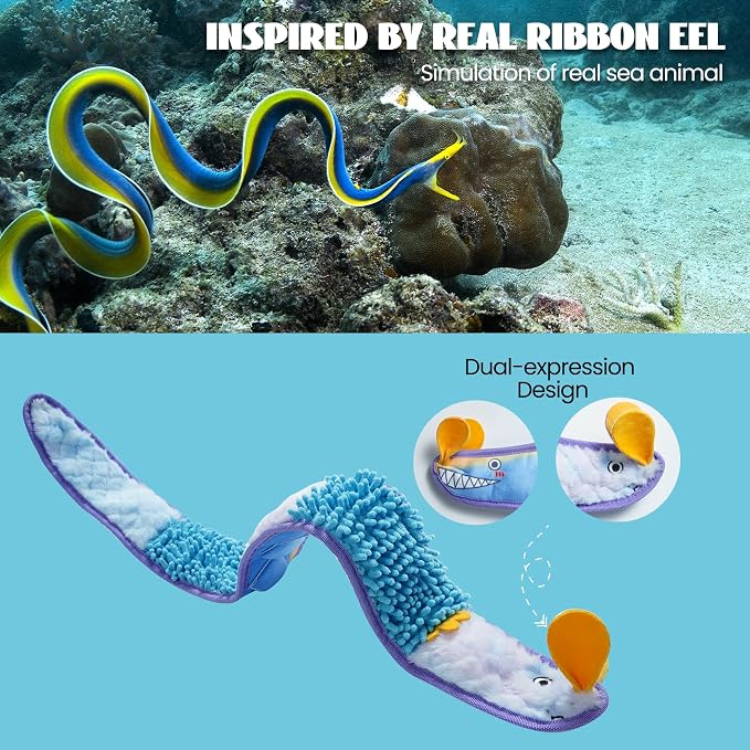 Nocciola EEL Squeaky Dog Toy, Tough No Stuffing Toy for Tug of War, Puppy Interactive Puzzle Fun to Keep Them Busy, Cognitive Crinkle Dog Toy for Large Medium Small Breed, Blue - Image 7