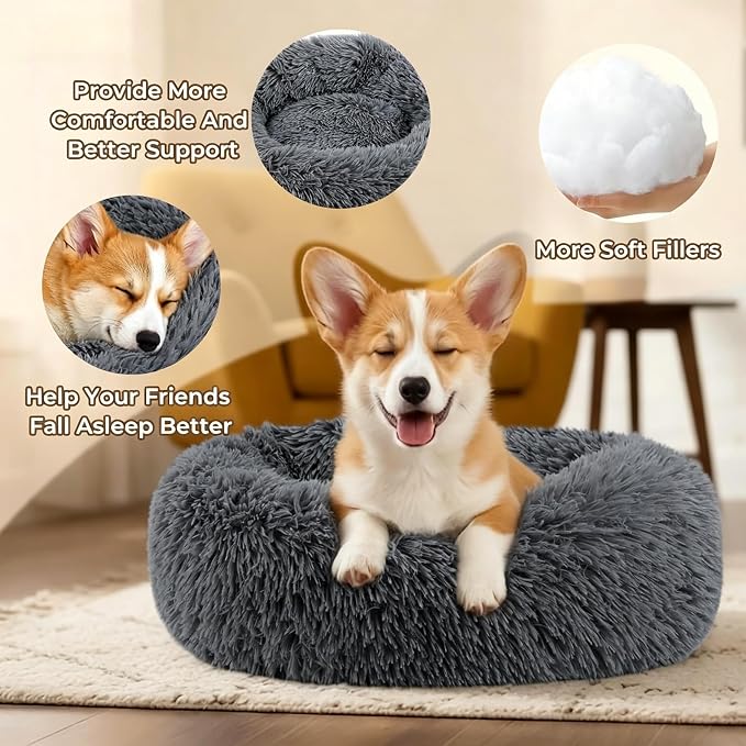 Calming Donut Dog and Cat Bed for Indoor Cats, Anti-Anxiety Round Fluffy Soft Washable Small Pet Bed for Puppy and Kitten, Warming Comfortable Luxury Anti-Slip Waterproof Mute Base 20in Dark Gray - Image 4