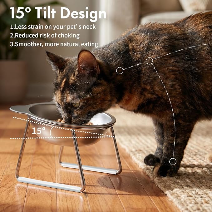 2 Pcs Elevated Cat Bowls with 15° Tilt, Whisker Friendly Raised Cat Food & Water Dishes with Silent Silicone Strip - Anti-Vomiting Small Dog Bowls, 304 Stainless Steel, Spine Friendly, Dishwasher Safe - Image 2