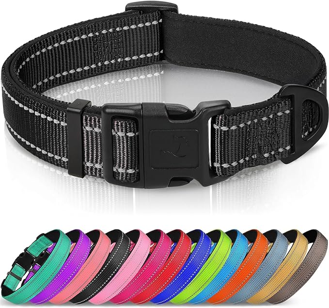 Joytale Reflective Dog Collar, Adjustable Neoprene Padded, Black XL | Breathable Nylon for Large Breeds, No Chafing on Hikes and Outdoor Use, Tear-Resistant Webbing, Metal D-Ring, Night Safety by Joytale
