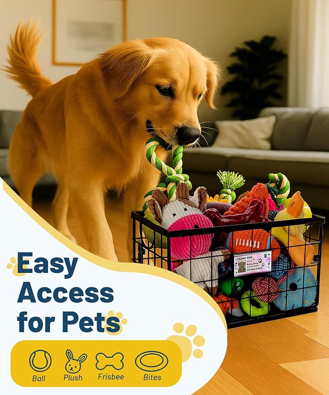 Dog Toy Basket, Dog Toy Storage Bin for Pet, Medium Toy Box for Dogs, Metal Storage Box with Handles, Toy Organizer Holder Boxes for Living Room (Black) - Image 5