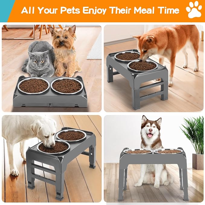 Elevated Bowls, 4 Height Adjustable Raised Stand with 2 Thick 50oz Stainless Steel Food Bowls, Non-Slip Feeder for Large Medium Dogs, Adjusts to 3.7", 9.2", 10.75", 12.36" Grey (Pack of 2) - Image 5